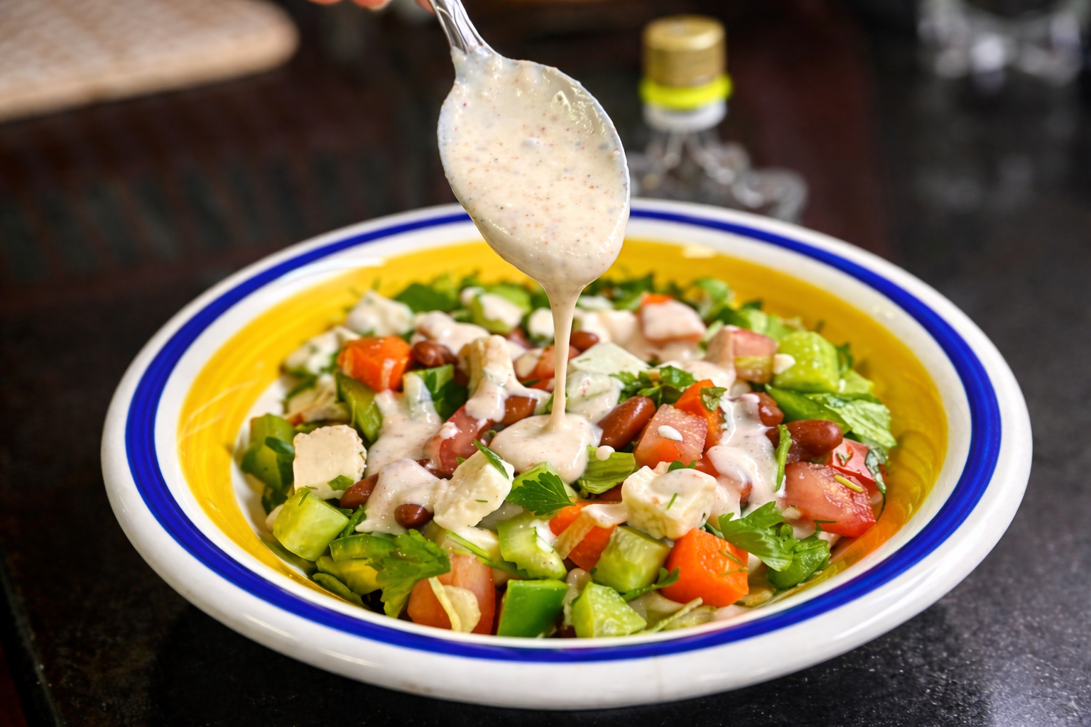 Creamy cashew–yoghurt dressing being drizzled over a high-protein paneer and kidney bean salad with fresh vegetables.